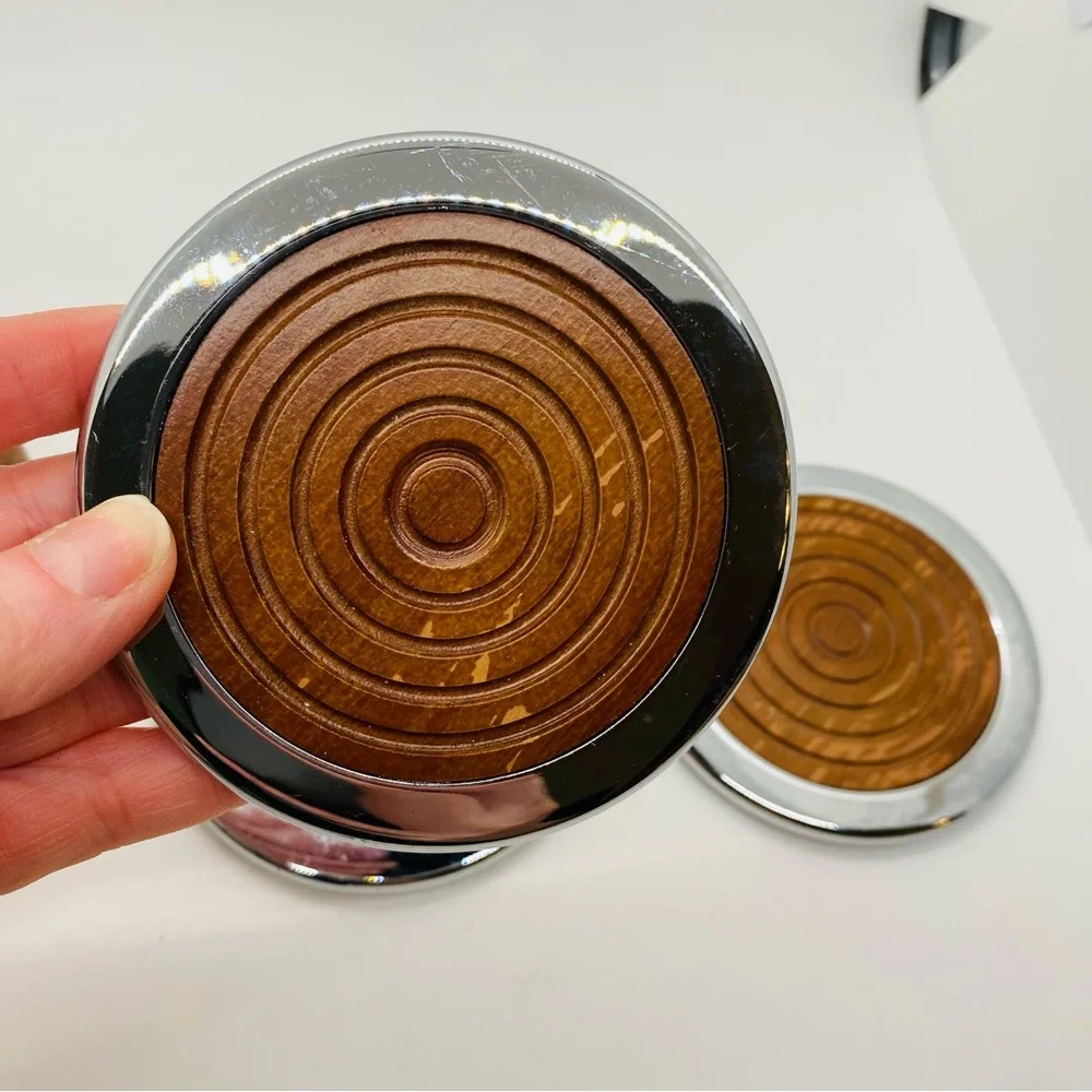 Williams Sonoma Wood and Metal Coasters With Holder. Velvet bottom.Gently Used.